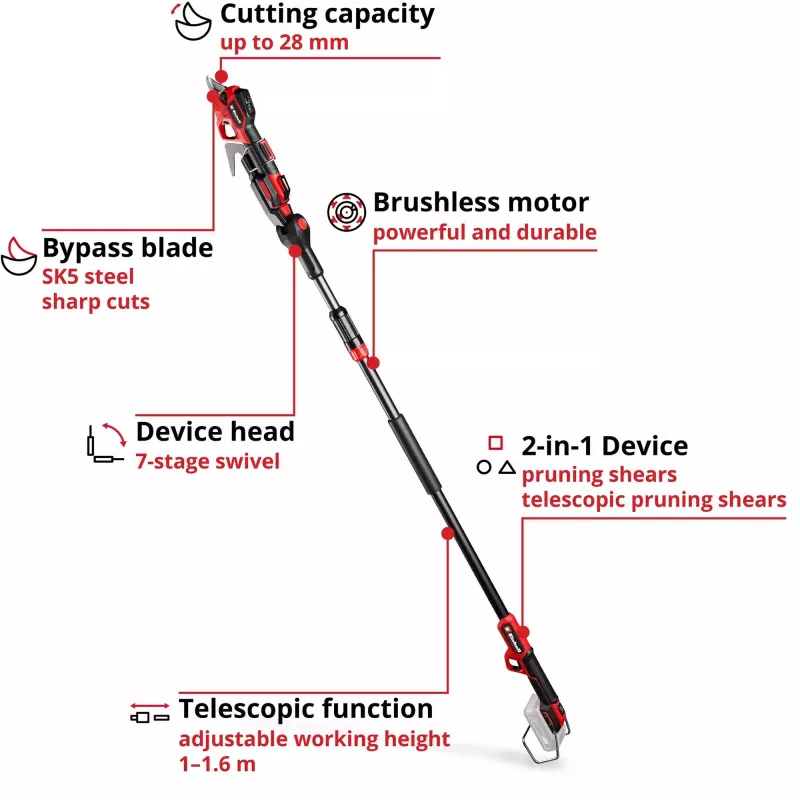 Tesoura de poda EINHELL GP-LS 18/28 Li T BL-Solo — tesoura de poda telescópica de bypass sem fio, 18 V, capacidade de corte 2,8 cm, punho de alumínio