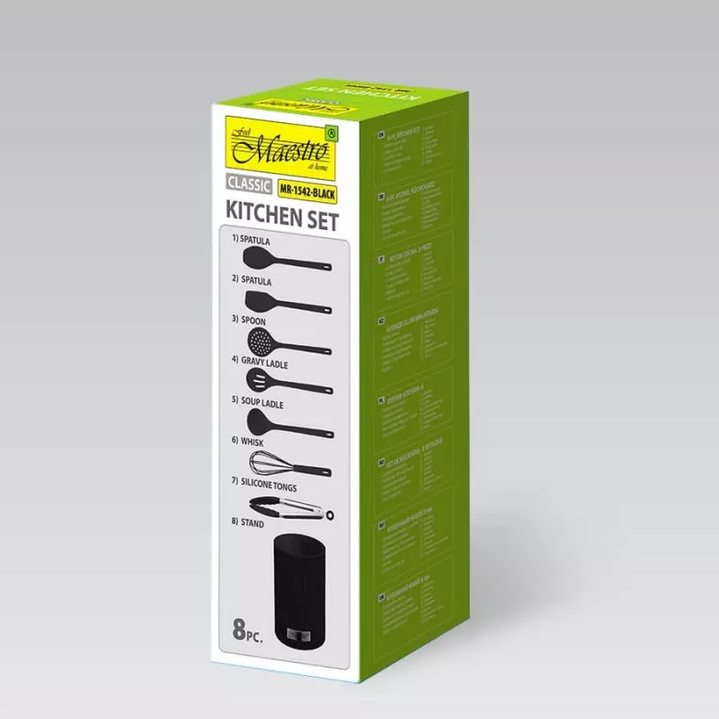 Conjunto de utensílios de cozinha Maestro MR-1542 — 8 peças em silicone para bancada, preto, empilhável com suporte de armazenamento