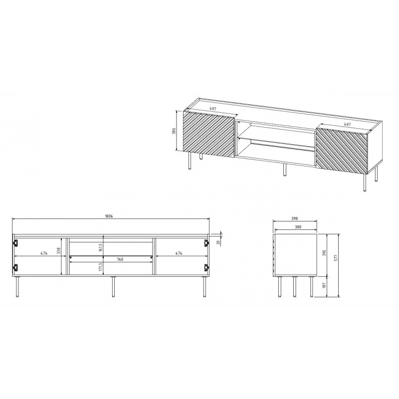Móvel de TV com lareira elétrica Cama Meble ONDA 180,5×40×58,0 cm, aglomerado, verde, de pé ou para montagem na parede