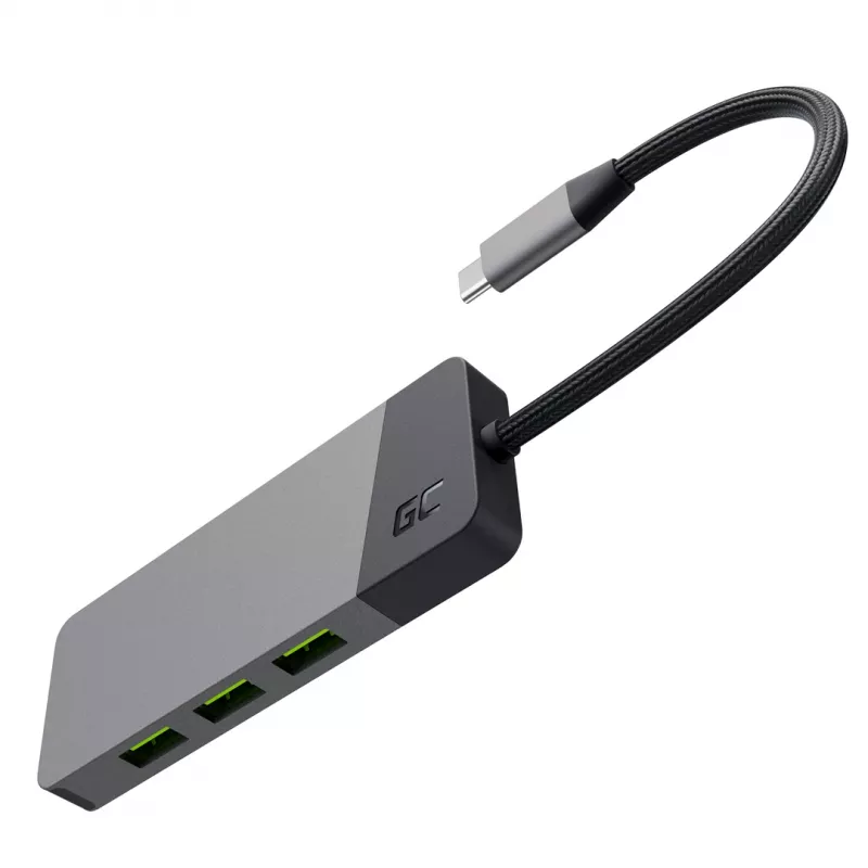 Hub USB Type-C Green Cell HUBGC01 — 7 portas: 3×USB‑A 3.2 Gen 1, 1×USB‑C 3.2 Gen 1, HDMI, leitor de cartões microSD+SD — Prateado