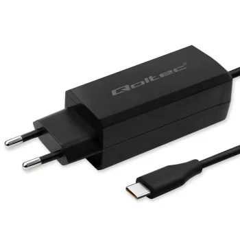 Carregador GaN 90W QOLTEC 52420 USB-C PD 5–20V 3A/4,5A saída, 220–240V entrada, cabo 1,8 m, preto
