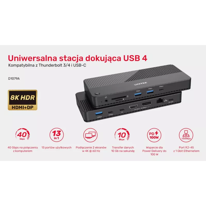 Docking station UNITEK D1079A USB4 com fios preto 100W Power Delivery