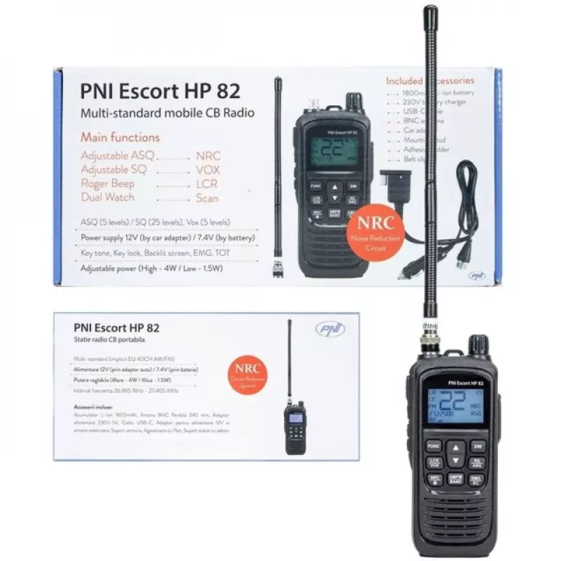 PNI Escort HP 82 rádio CB portátil, 1800 mAh, USB-C, preto