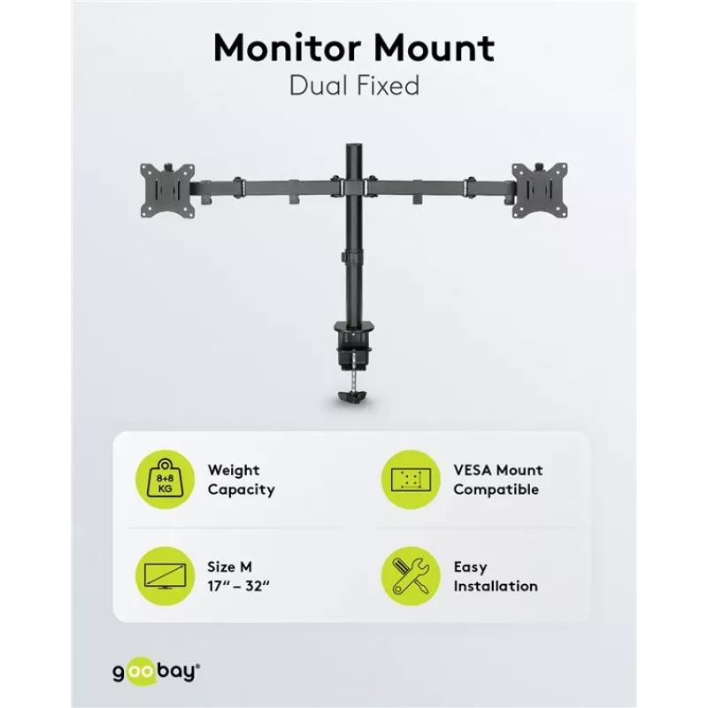 Braço de monitor Goobay Dual Flex - ecrã 17-32 polegadas - montagem em mesa VESA 75 e 100 mm - rotativo, orientável e inclinável - suporte de altura ajustável - carga máxima