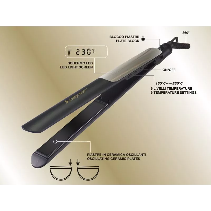 Beper P301PIS200 alisador de cabelo, placas cerâmicas, 130-230°C, 6 definições de temperatura, preto/cinzento