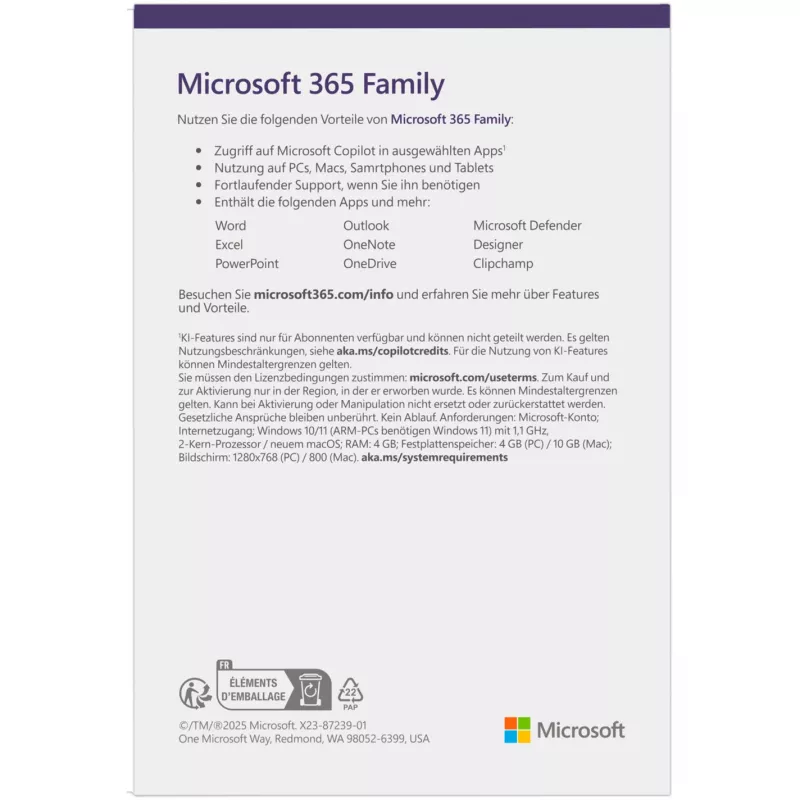 Microsoft 365 Family Box Pack 1 ano até 6 pessoas Android iOS Windows MacOS