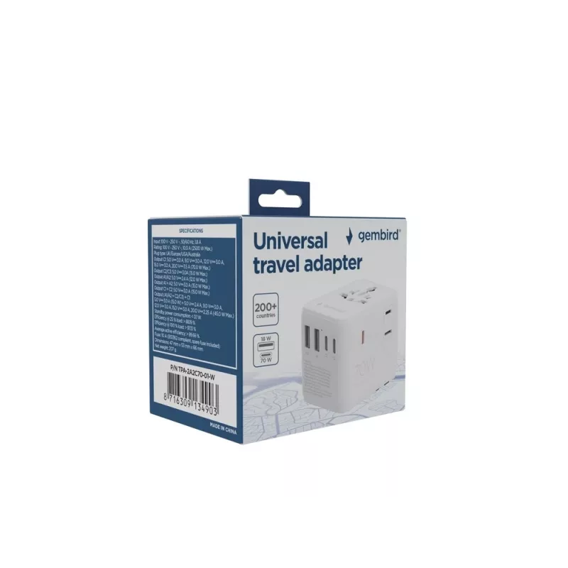 Gembird TPA-2A3C70-01-W adaptador de alimentação de viagem universal, 3x USB-C, 2x USB-A, 70 W, GaN, branco