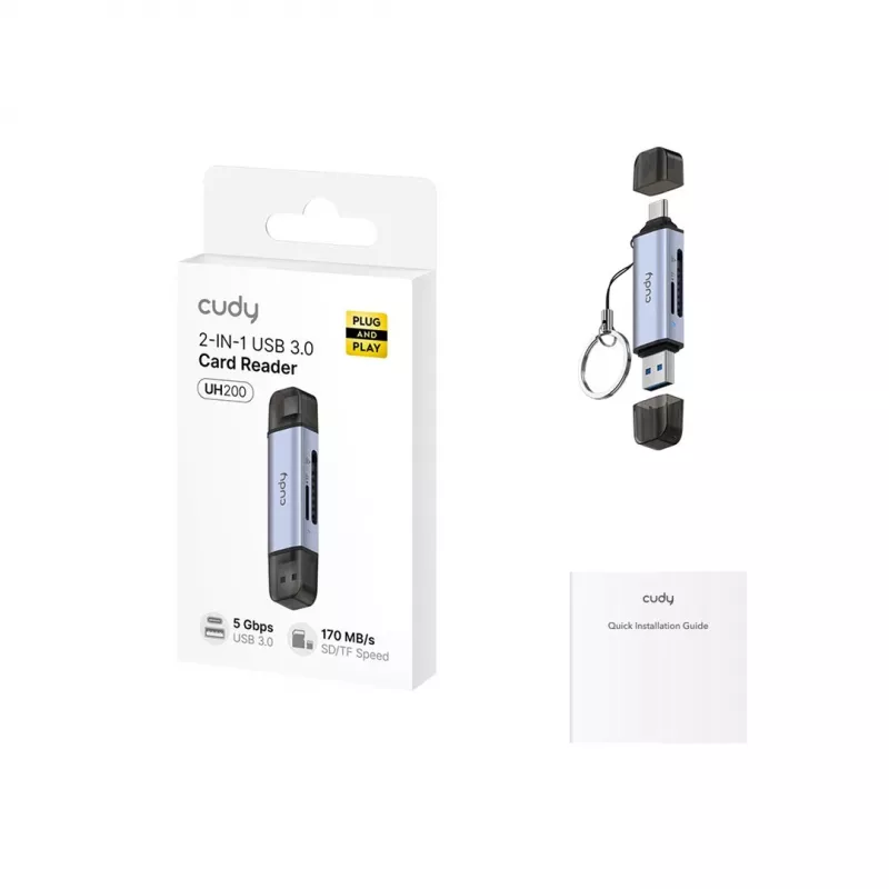 Leitor de cartões CUDY UH200 2-em-1 USB 3.0