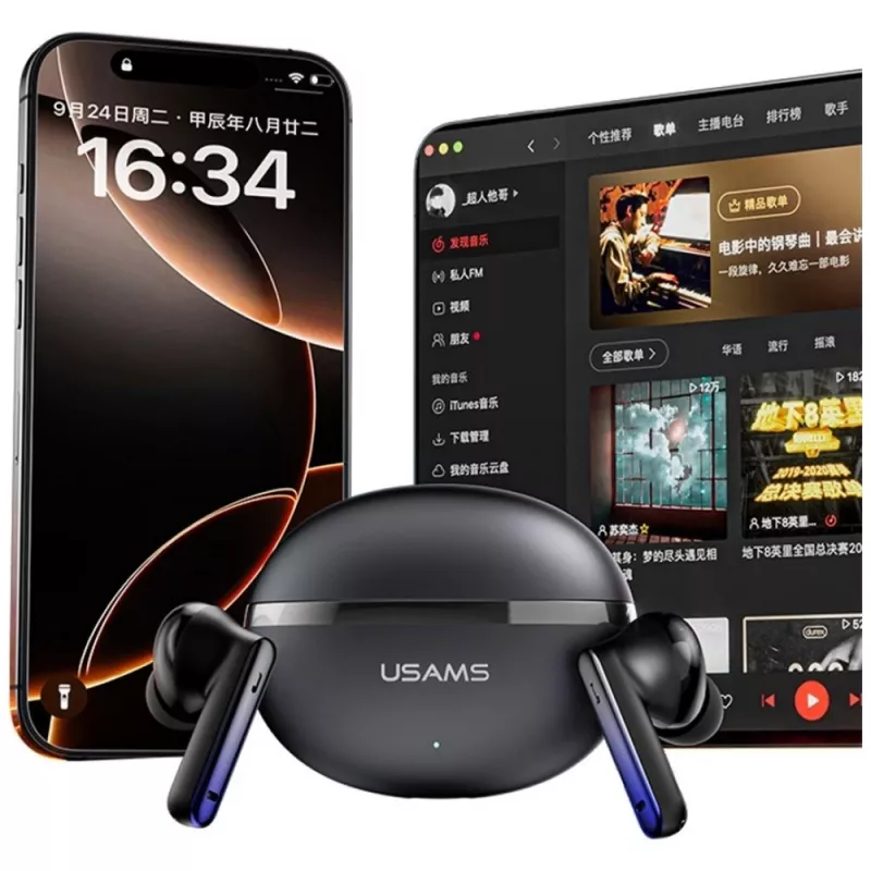 Auscultadores Bluetooth Usams TWS E02 ANC+ENC preto