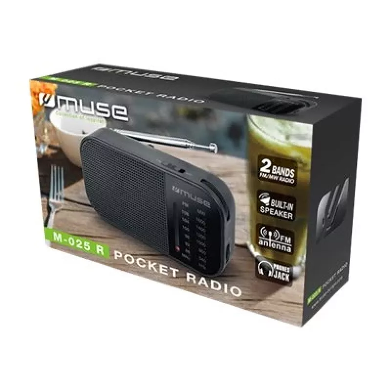 Rádio portátil Muse M-025 R — MW/FM, preto, a pilhas, compacto (32×130×70 mm)