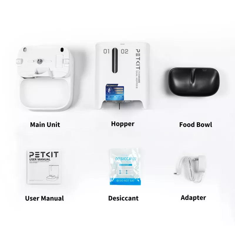 Comedouro automático PETKIT YumShare Dual-hopper 2 com câmara, capacidade de 5 L, ABS e aço inoxidável 304, branco
