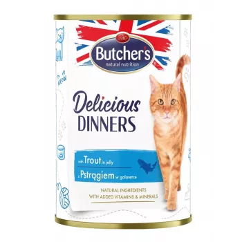 Comida húmida para gatos Butcher's Pet Care Delicious Dinners 400 g — sabor a truta, gatos adultos, sem conservantes, sem glúten