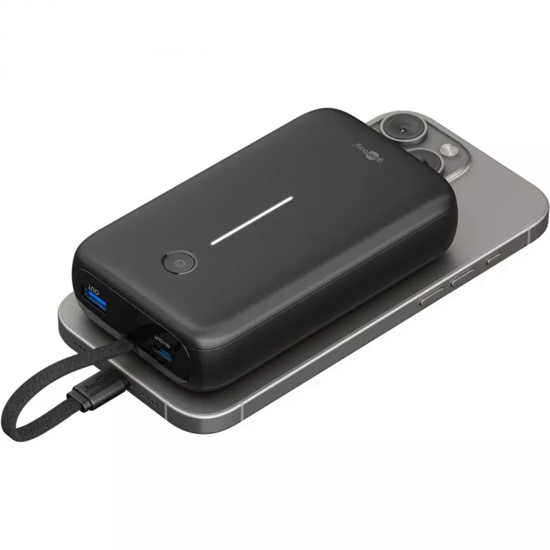 Powerbank 20.000 mAh, cabo USB-C integrado 13 cm, 30 watts (preto, 20 Ah, 1x USB-A, 2x USB-C, PD, QC)