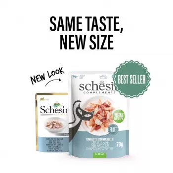 Alimento húmido para gatos Agras Pet Foods SCHESIR Atum com Pescada em Gelatina, 70 g, sem cereais, sem soja e sem glúten