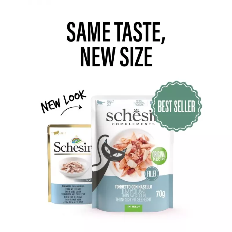 Alimento húmido para gatos Agras Pet Foods SCHESIR Atum com Pescada em Gelatina, 70 g, sem cereais, sem soja e sem glúten