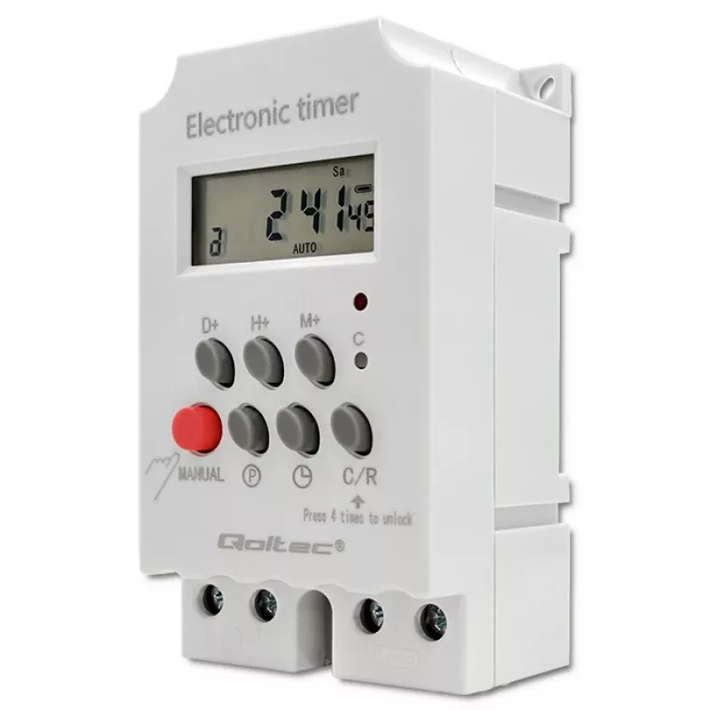 Temporizador eletrónico para calha DIN QOLTEC PC0629 — alimentação 24V, saída 16A