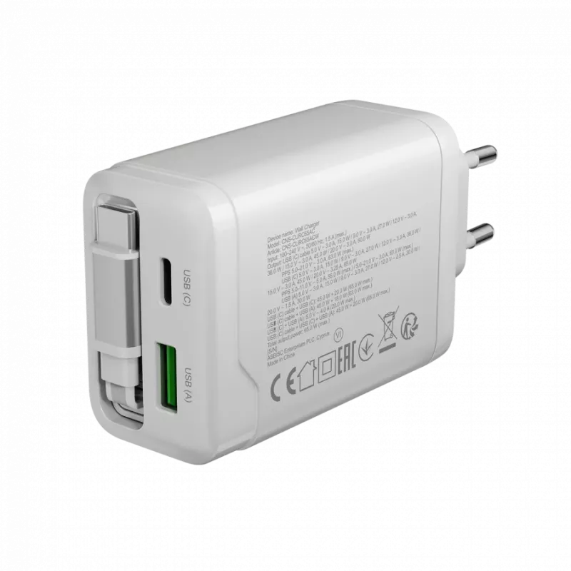 Carregador CANYON OnCharge 65RC com cabo USB-C integrado 65W, 1x PD, 1x QC, ficha EU, branco