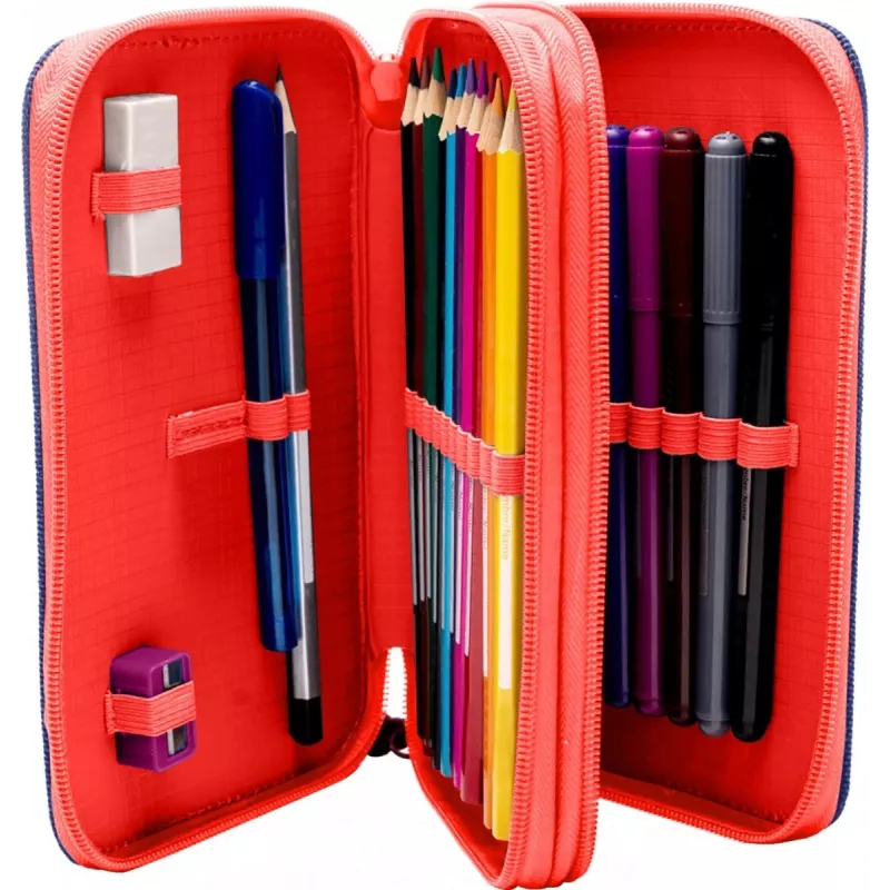 Estojo de lápis Kids Euroswan 2 fechos com acessórios Spiderman vermelho-azul