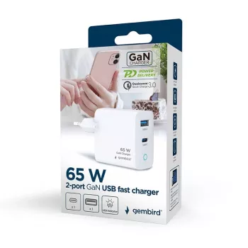Carregador Gembird TA-UC-PDQC65L-W-01 para dispositivos móveis universal branco AC carregamento rápido interior