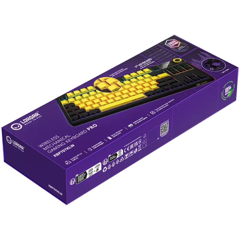 LORGAR KBP70TKLW, teclado gaming mecânico TKL sem fios Pro, preto/amarelo, layout EN