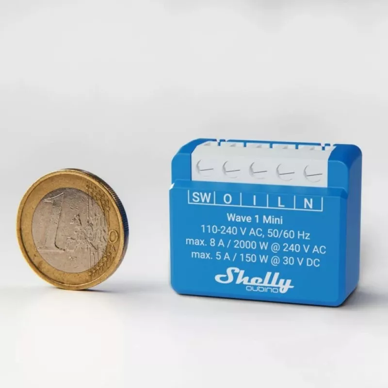 Relé inteligente Shelly Qubino Wave 1 Mini sem fios 110–240V, 8A AC / 5A DC, 868,4 MHz, para interiores, azul