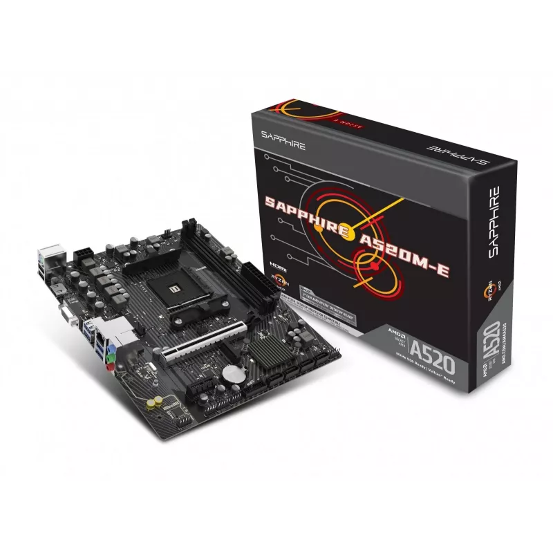 Placa-mãe Micro-ATX Sapphire A520M-E para socket AM4, chipset AMD A520, 2x DDR4 DIMM, máx. 64 GB, PCIe 3.0 x16/x1, SATA III, Gigabit LAN