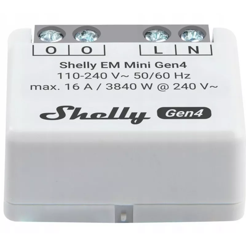 Relé inteligente Shelly Relay EM Mini Gen4 1 canal Wi‑Fi Matter Zigbee Bluetooth 8A, 110–240V, contador de energia