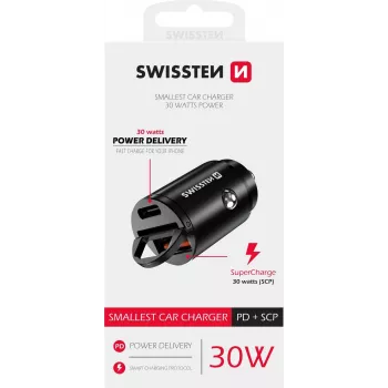 Carregador Swissten NANO smartphone preto isqueiro carregamento rápido automóvel