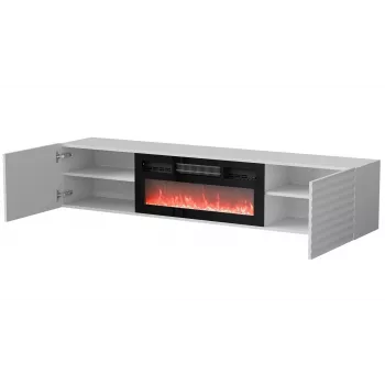 Móvel de TV Cama Meble TULA com lareira elétrica, 1830×350×370 mm, tampo e moldura branco mate