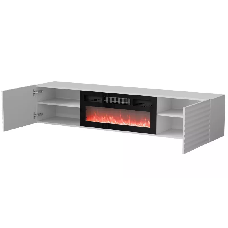 Móvel de TV Cama Meble TULA com lareira elétrica, 1830×350×370 mm, tampo e moldura branco mate