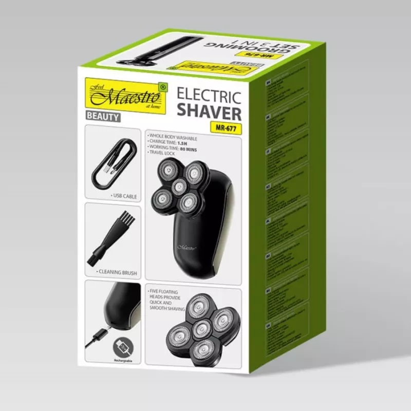 Máquina de barbear elétrica Maestro MR-677 recarregável por USB, caixa à prova de água