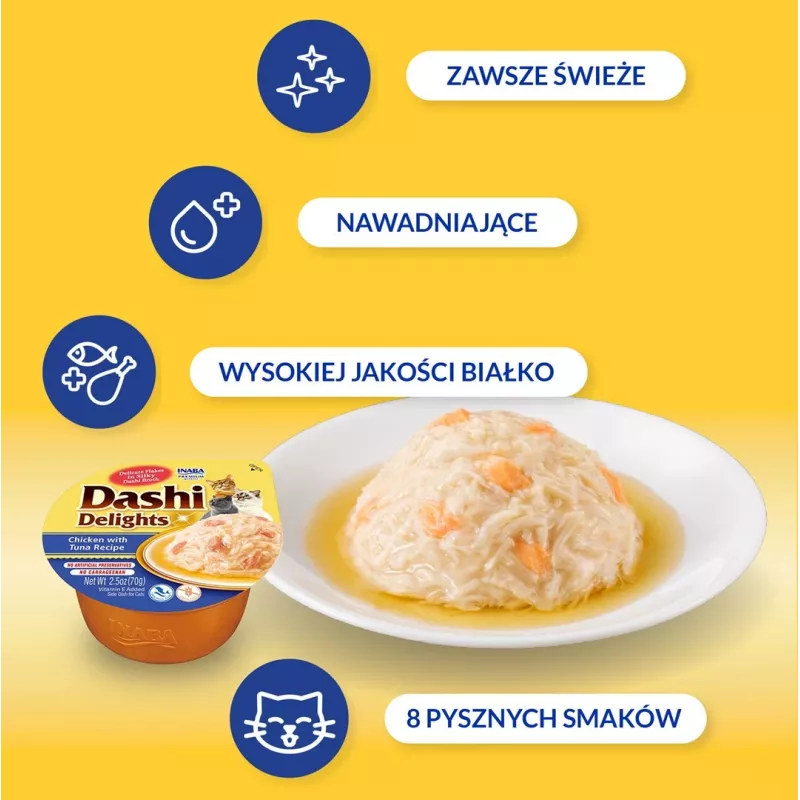 Petisco para gatos INABA Dashi Delights Caldo de Frango & Atum, 70 g saco, sem cereais, sem glúten, sem soja