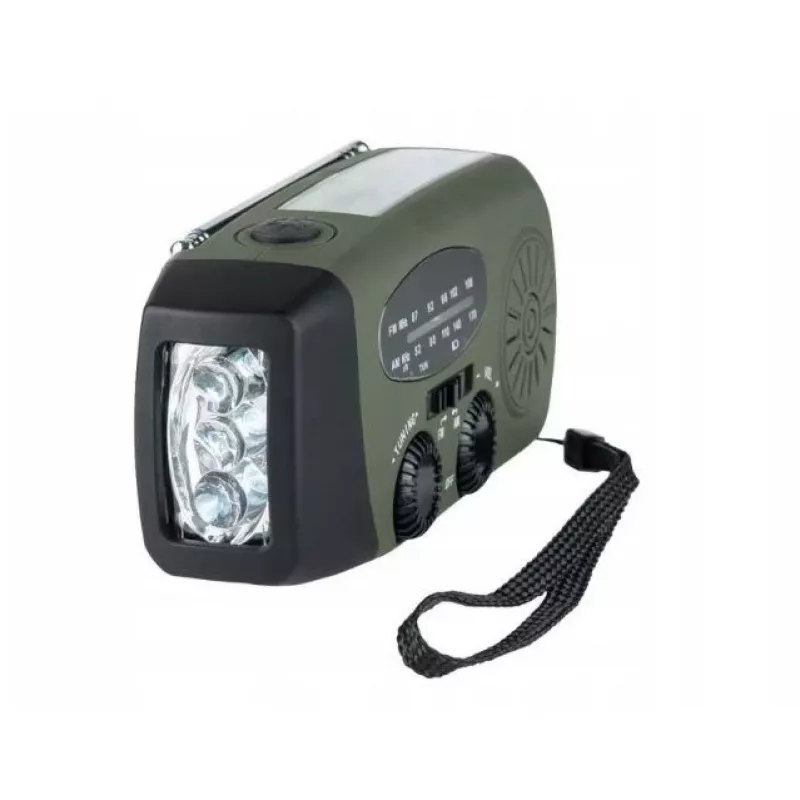Rádio de emergência FOSCO 464600 com lanterna LED, powerbank, FM, IPX3, carregamento solar/manivela/USB-C — verde/preto