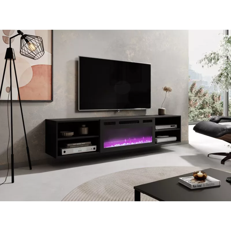Móvel de TV Cama Meble POLO 180x33x39 cm com lareira elétrica 1400–1600 W, preto, 2 prateleiras, laminado