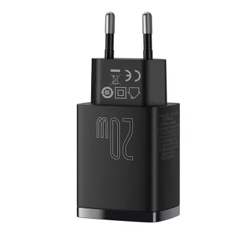 Carregador rápido USB de interior Baseus CCXJ-B01 – 2 portas (USB-C PD 20W + USB-A QC3.0 18W), 100–240 V, preto
