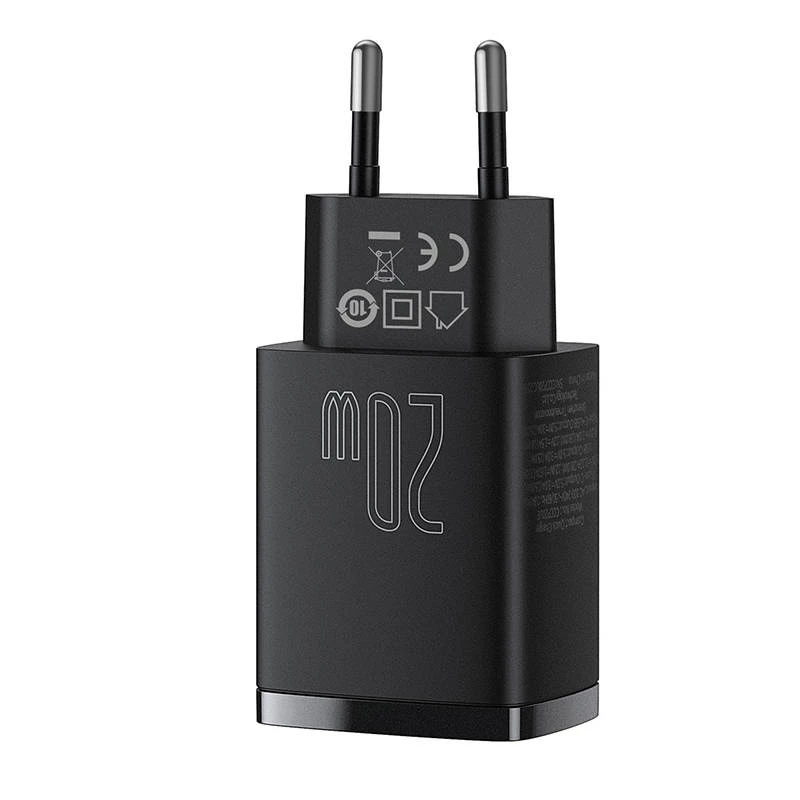 Carregador rápido USB de interior Baseus CCXJ-B01 – 2 portas (USB-C PD 20W + USB-A QC3.0 18W), 100–240 V, preto