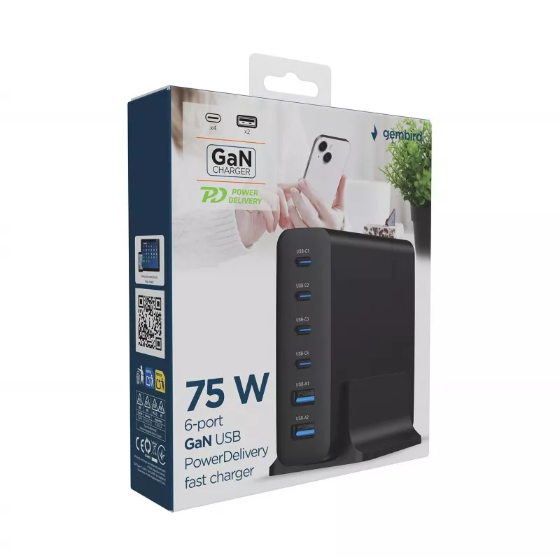 Carregador GEMBIRD para dispositivos móveis TA-UC-2A4C-PD75-01-BK — 75 W, 4× USB-C + 2× USB-A, PD & QC3.0, 6 dispositivos em simultâneo, cabo de 1,5 m, preto