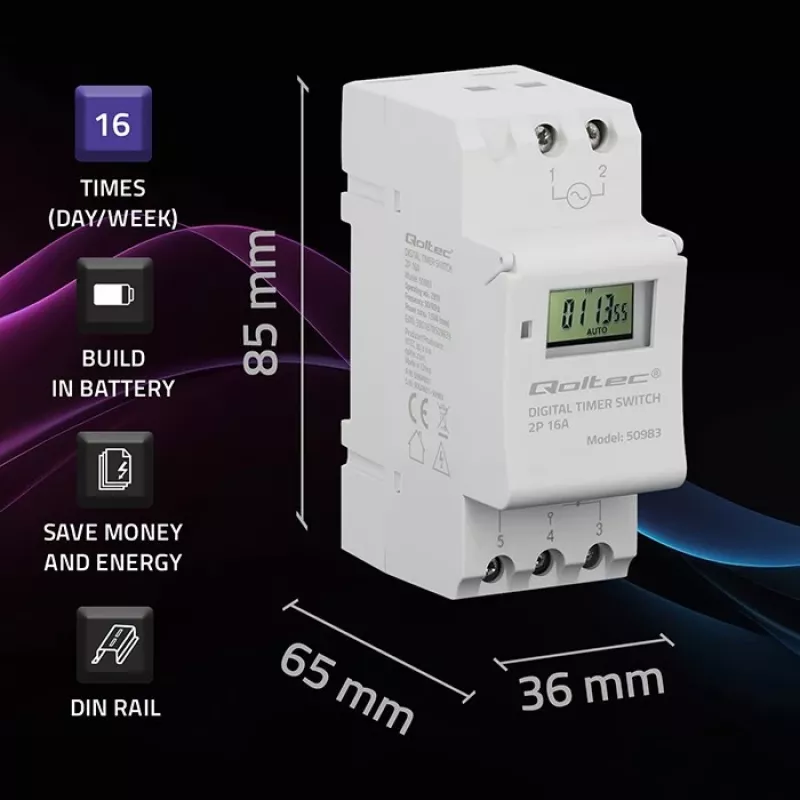 Temporizador eletrónico para calha DIN QOLTEC 50983, a pilhas, para circuitos de automação