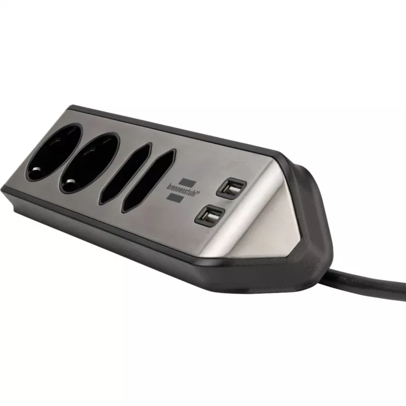 Brennenstuhl estilo régua de tomadas de canto 4 tomadas, preta, 2 tomadas Schuko, 2 tomadas Euro, com função de carregamento USB