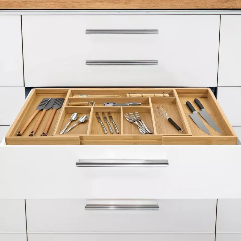 Organizador de gaveta de talheres GreenBlue GB379, bandeja em bambu com compartimentos, superfície natural