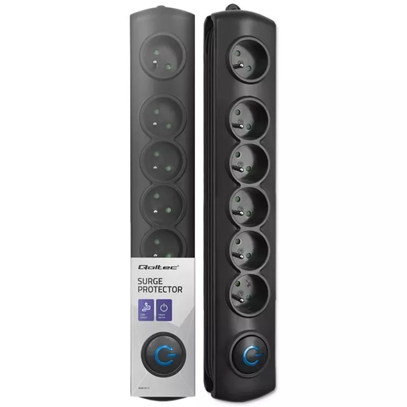 Proteção contra sobretensões Qoltec 50112 preto 6 tomadas AC 230V 3m