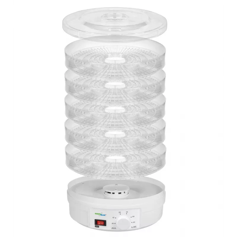 GreenBlue GB190 desidratador de alimentos para cogumelos, legumes e frutas, 5 tabuleiros, 250 W, temperatura ajustável 35–70 °C, branco