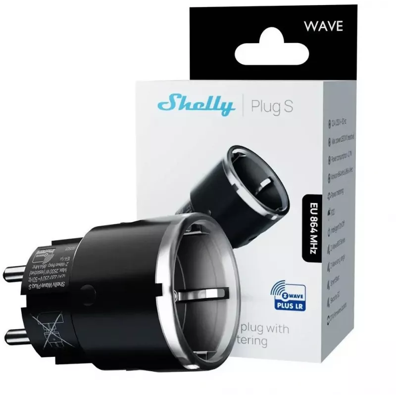 Tomada inteligente Shelly Wave Plug S Z-Wave 800 preto — tomada inteligente Z-Wave 800, 230 V/12 A, 2500 W, medição de potência