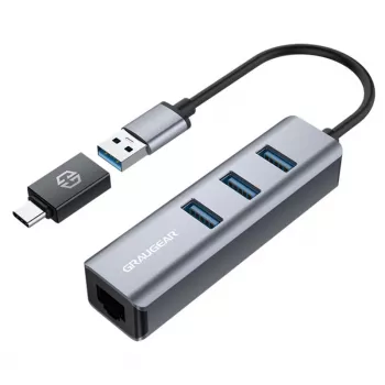 Hub USB GRAUGEAR G-HUB31L-A — host USB 3.2 Gen 1 Type-A, 3 portas USB 3.2 Gen 1 Type-A + RJ-45, 5000 Mbit/s