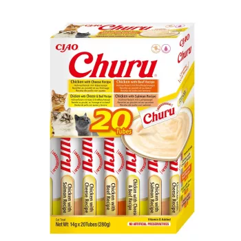 Guloseimas para gatos INABA Churu caixa sortida — frango e vaca, 20 x 14 g tubos