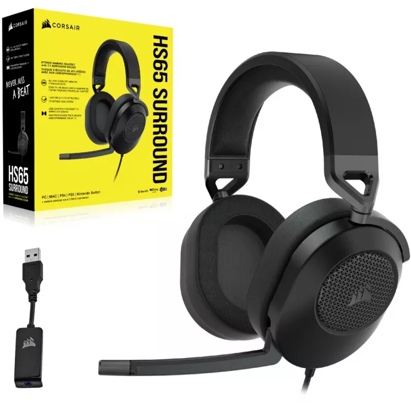 Headset CORSAIR HS65 SURROUND headset de gaming com fios, circum-aural, 3,5 mm + adaptador USB, 32 Ω, 282 g, carbono