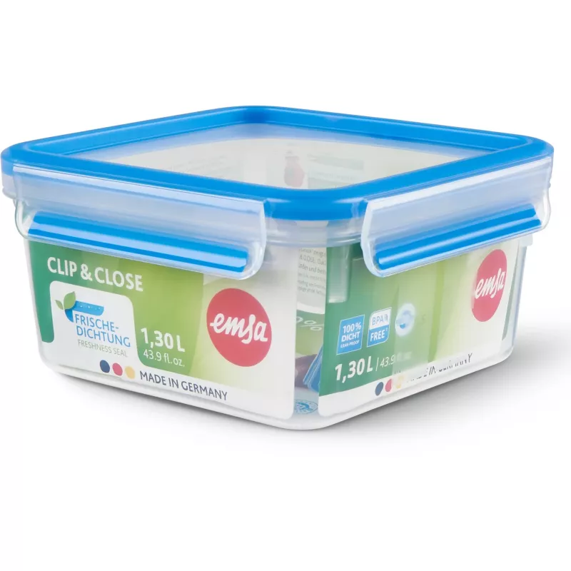 Recipiente de armazenamento EMSA Clip&Close 1,3 L quadrado hermético sem BPA, modelo 3110600387