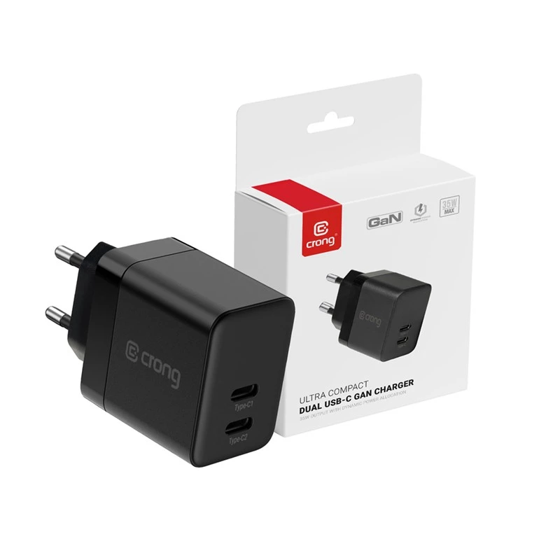 Carregador de parede Crong Ultra Compact GaN 35W PD 3.0 2x USB-C (preto)