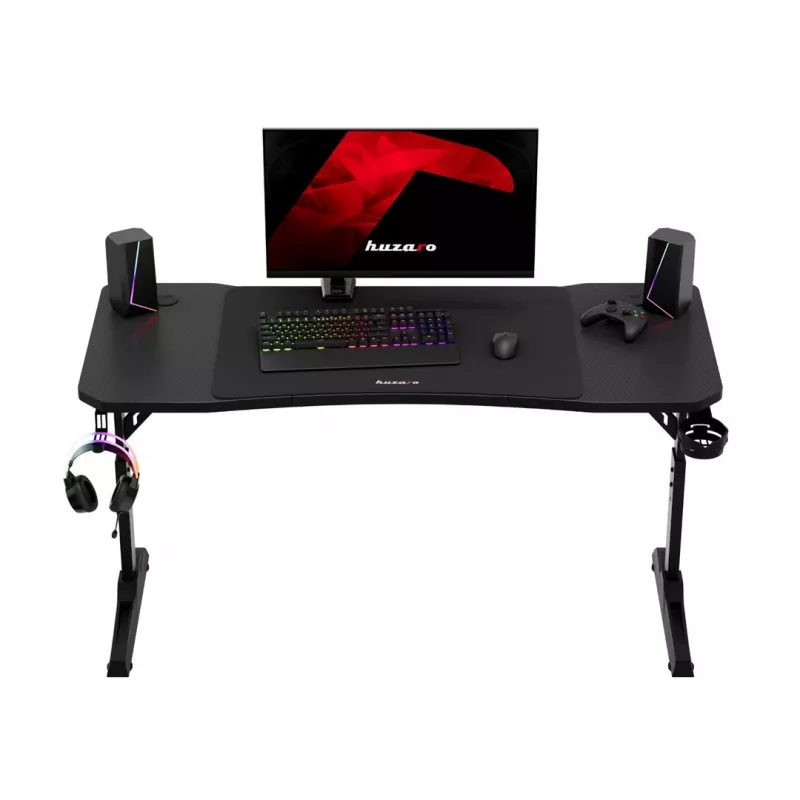 Secretária gaming huzaro Hero 3.6 — retangular 1400×600 mm, altura ajustável 560–790 mm, preto, pernas em H, tampo de 15 mm