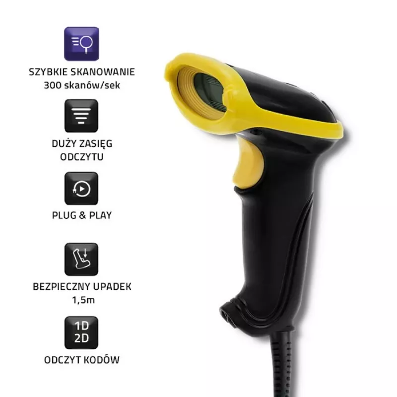 Qoltec 50867 leitor laser de códigos de barras 1D/2D, USB, preto